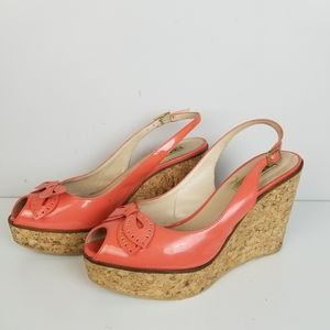 L.K. Bennett coral patent leather cork wedges